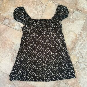 American Eagle Ruched Mini Dress Black Floral Puff Sleeves Babydoll Spring Large
